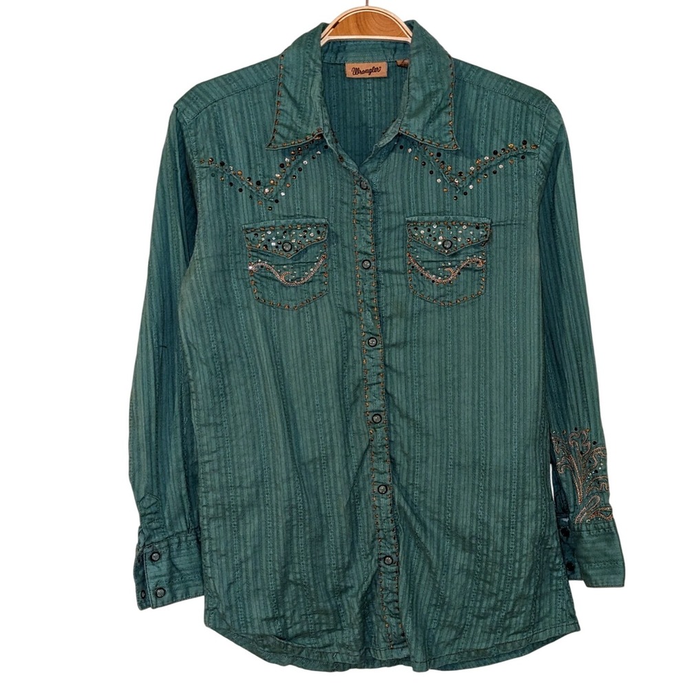 Wrangler Western Shirt Embellished Green‎ Long Sleeve Cowboy Rodeo  Small VTG